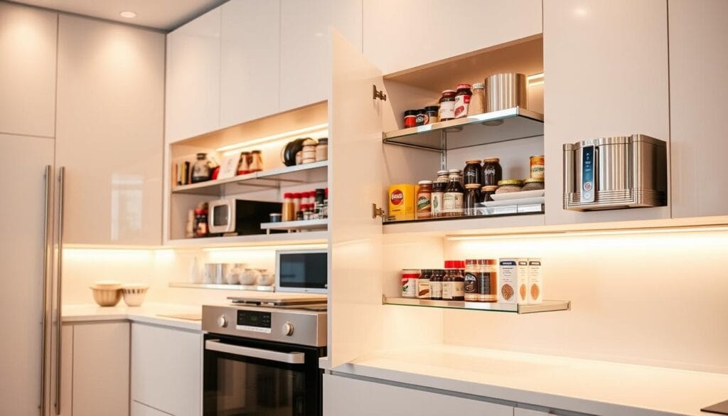 Pull-out cabinet shelves in modern kitchen Pull-out cabinet shelves in modern kitchen