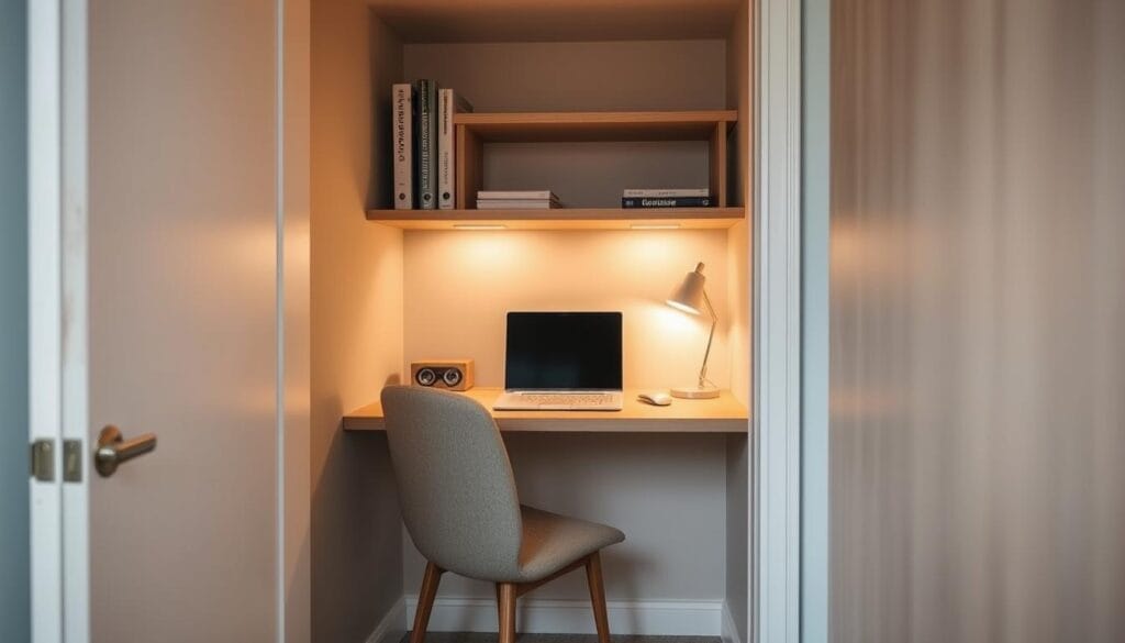 Space-saving desk in small closet Space-saving desk in small closet